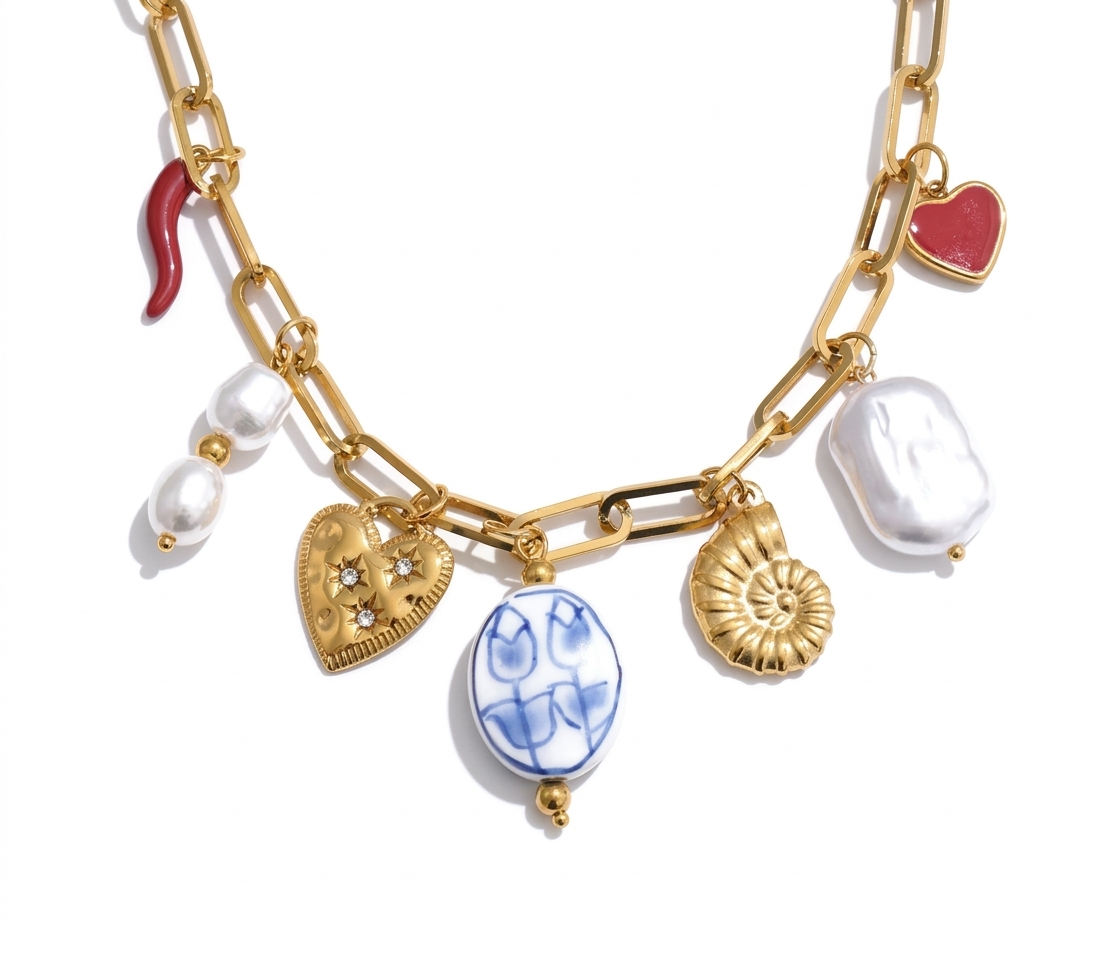Pearl Gold and Ceramic Charm Necklace