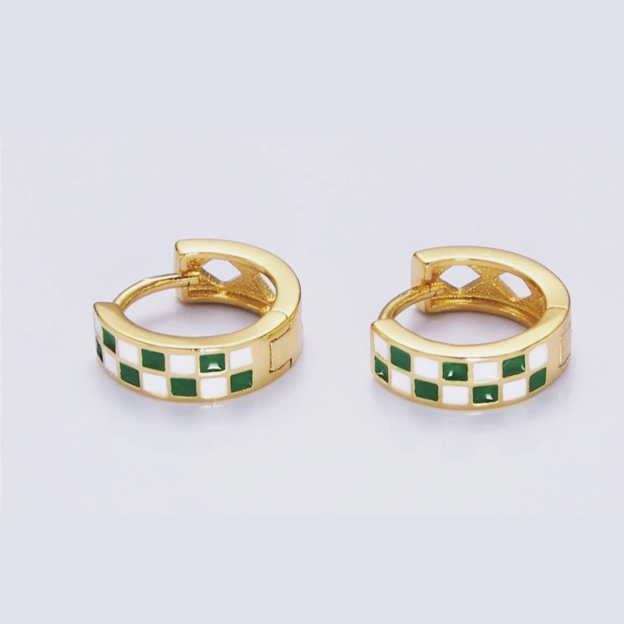 Green Checkered Huggie Hoops