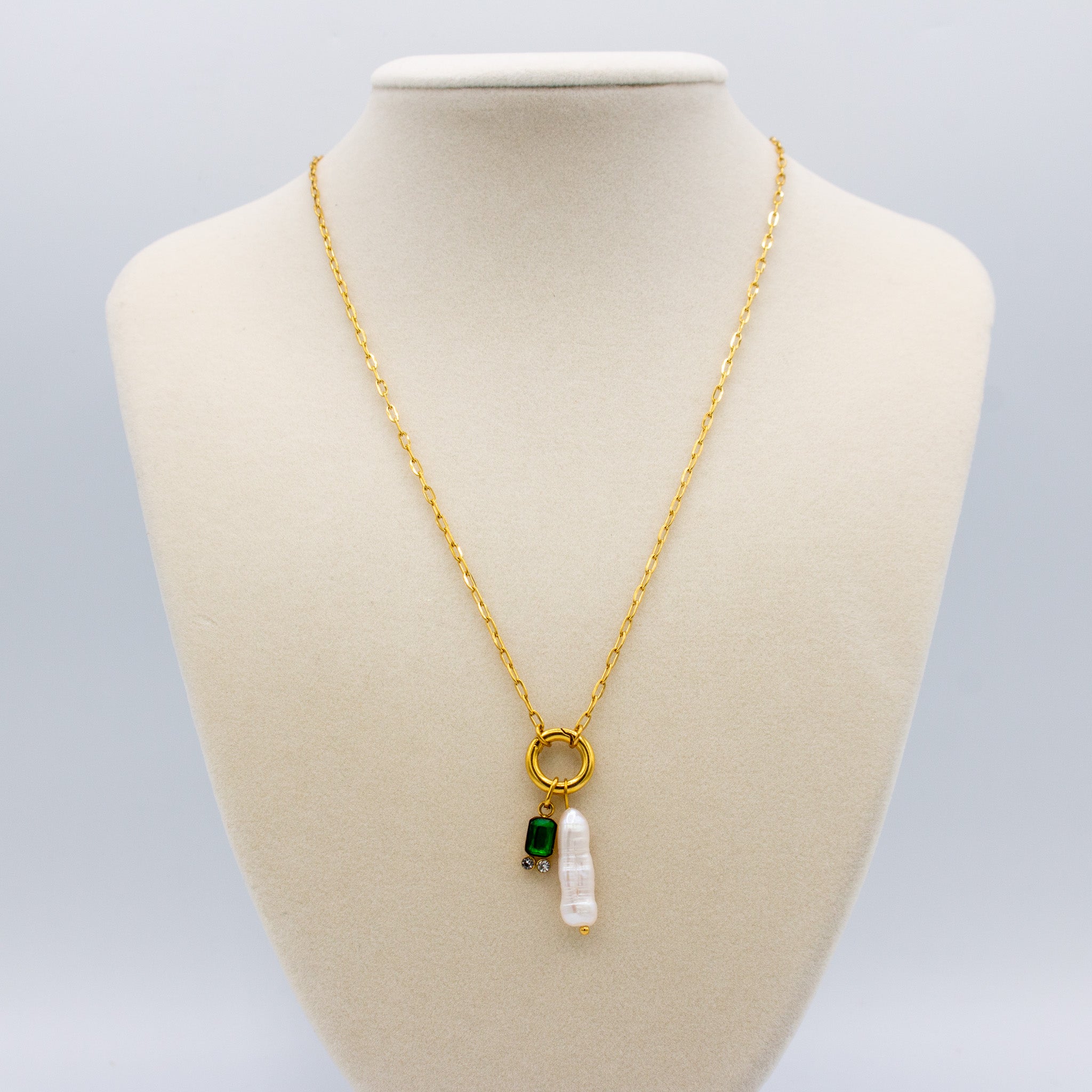 Emerald Cz + Pearl Necklace