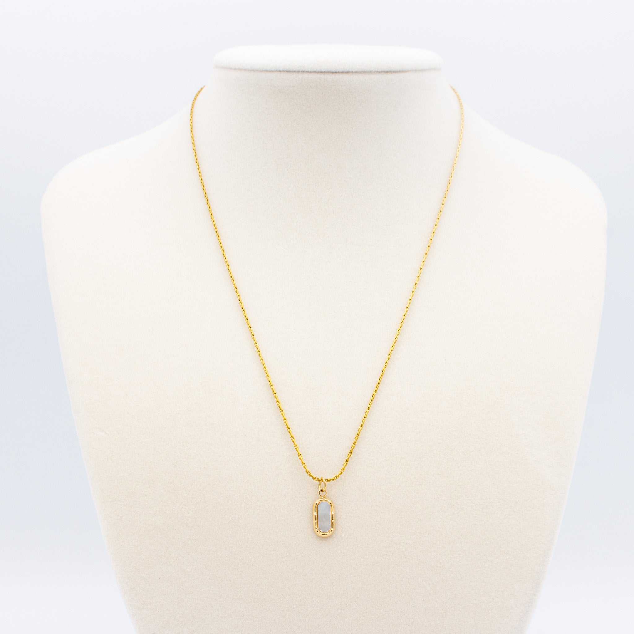 White Oval Stone Set in Gold Necklace