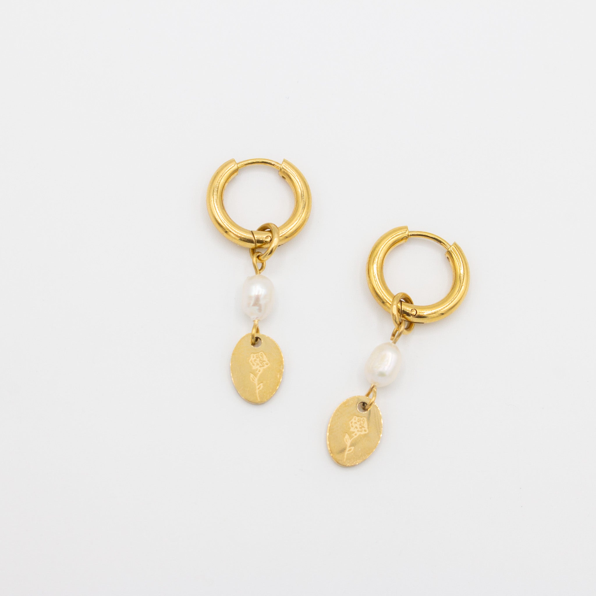 Engraved Flower + Fresh water pearl Dangle Earrings