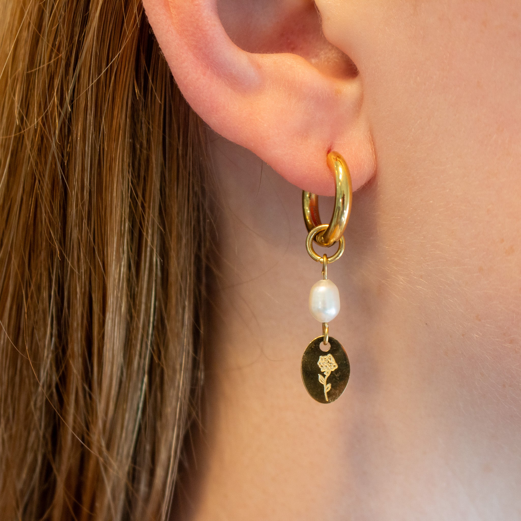 Engraved Flower + Fresh water pearl Dangle Earrings