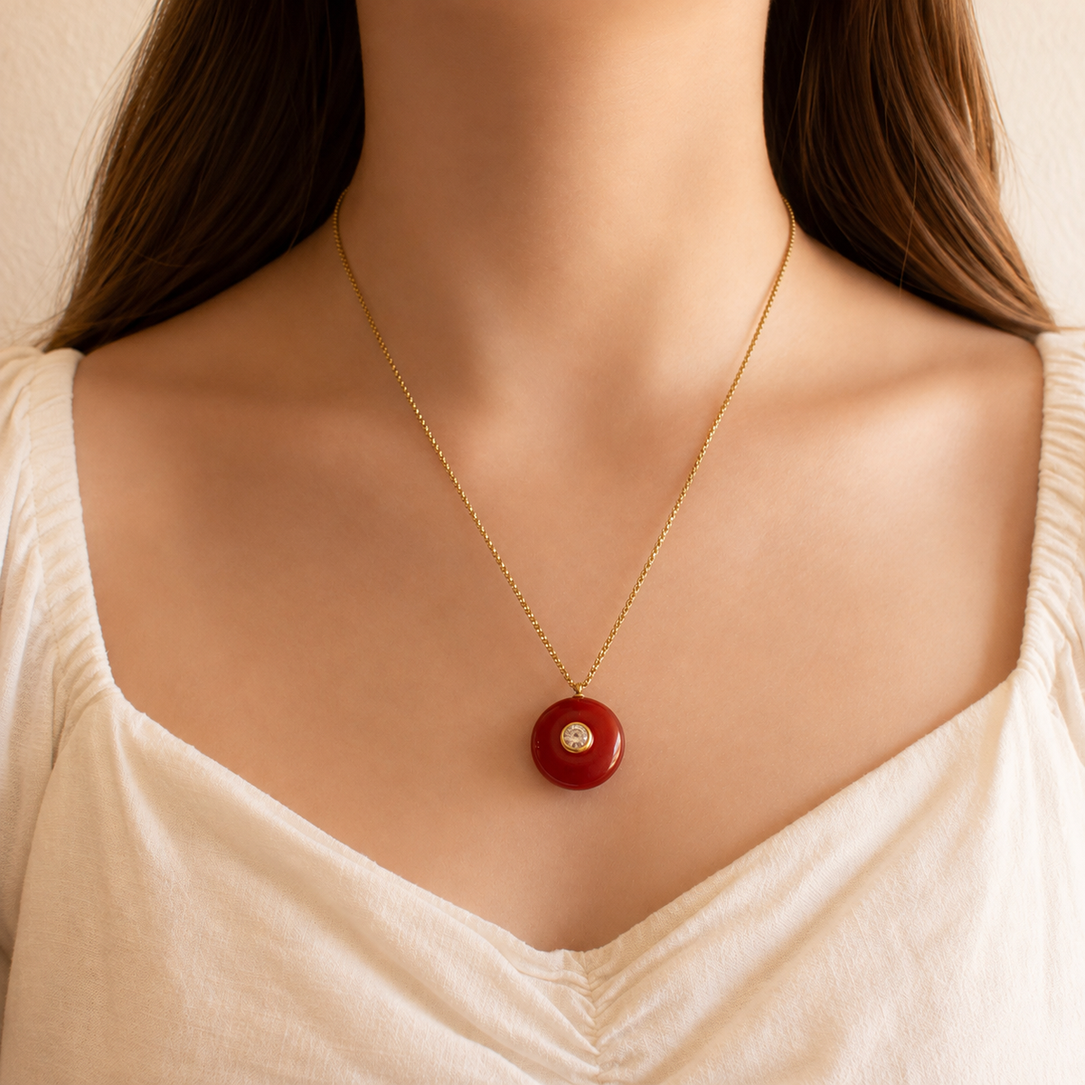 Maroon Stone and CZ Charm Necklace