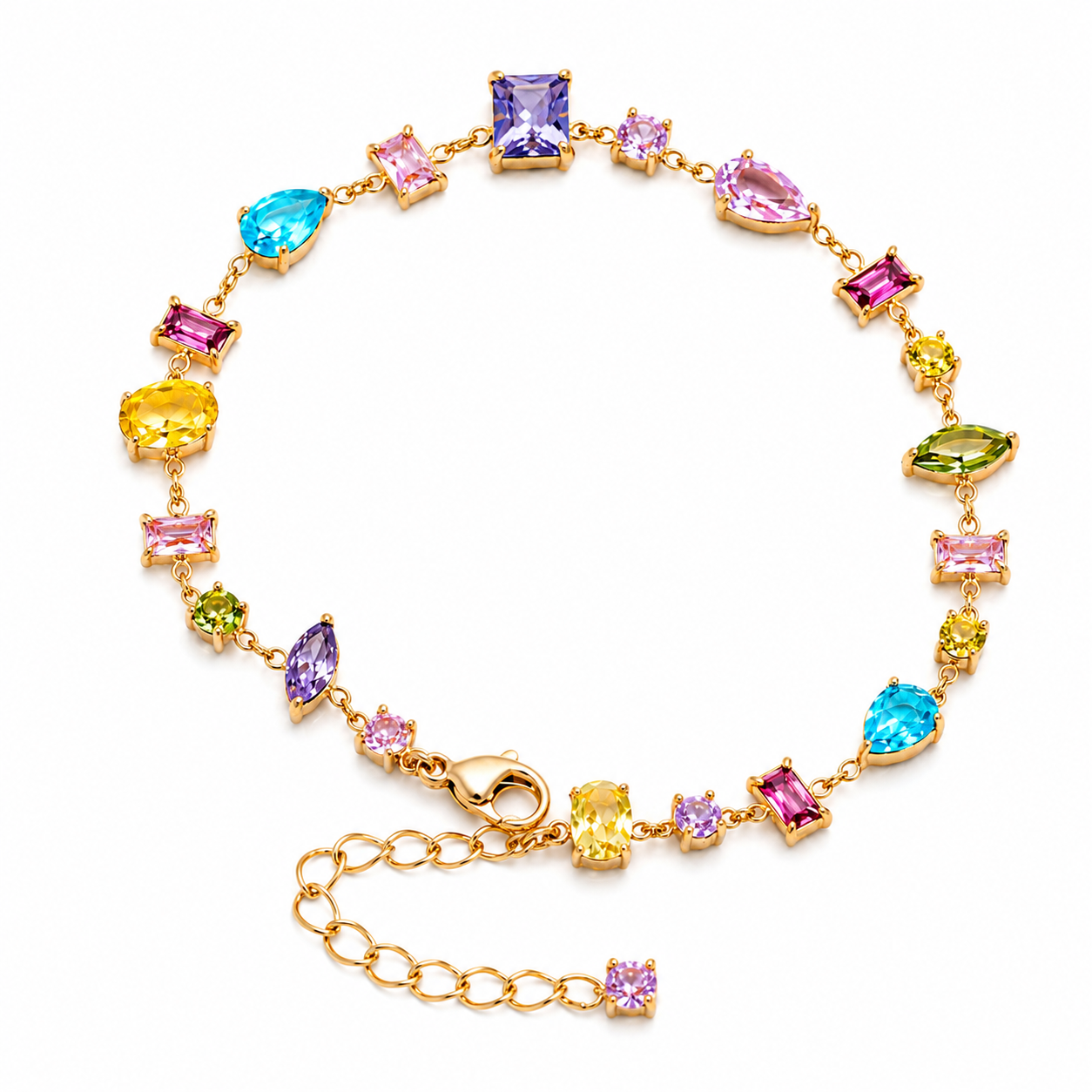 A gold-plated link bracelet adorned with a series of colorful, faceted gemstones in various shapes and sizes, including blue, pink, purple, yellow, and green