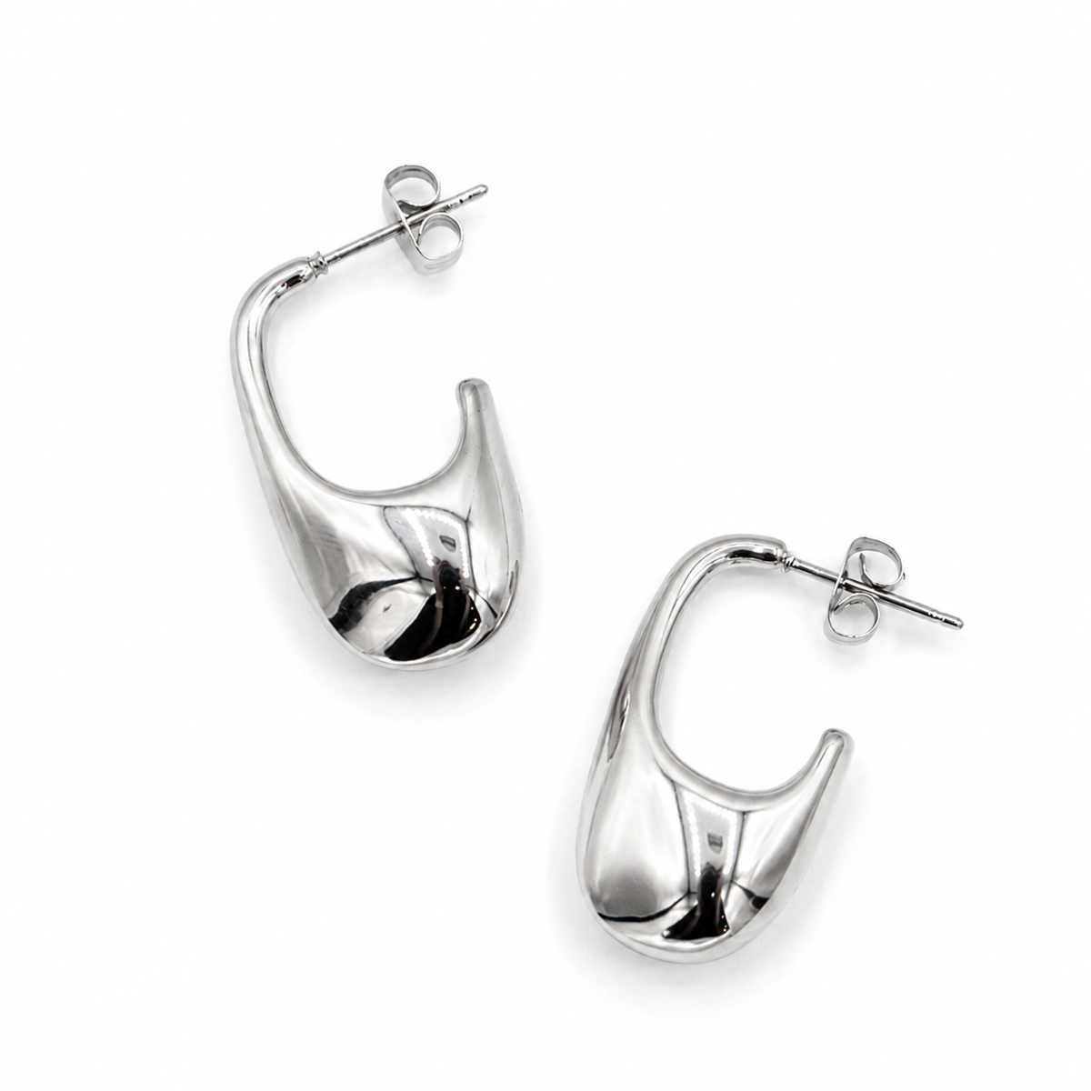 A pair of polished silver hoop earrings with a unique, organic curved shape and butterfly backings