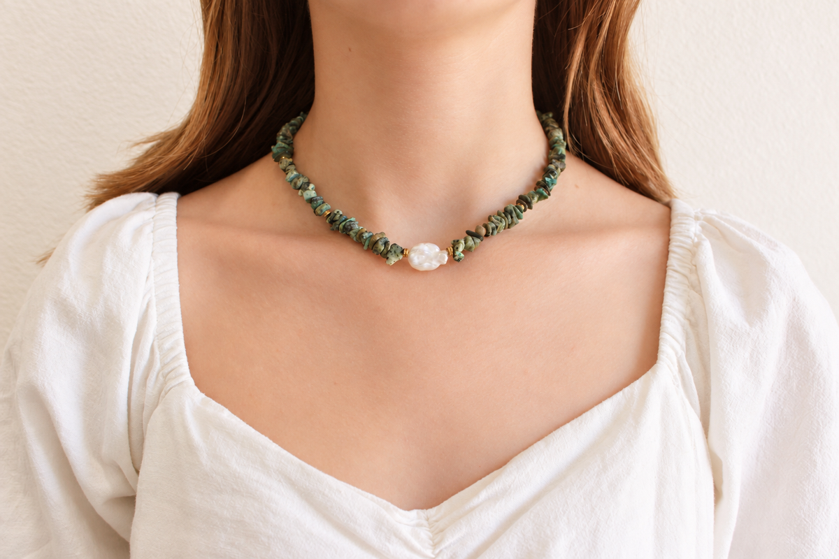 Pearl and Turquoise Cut Stone Necklace