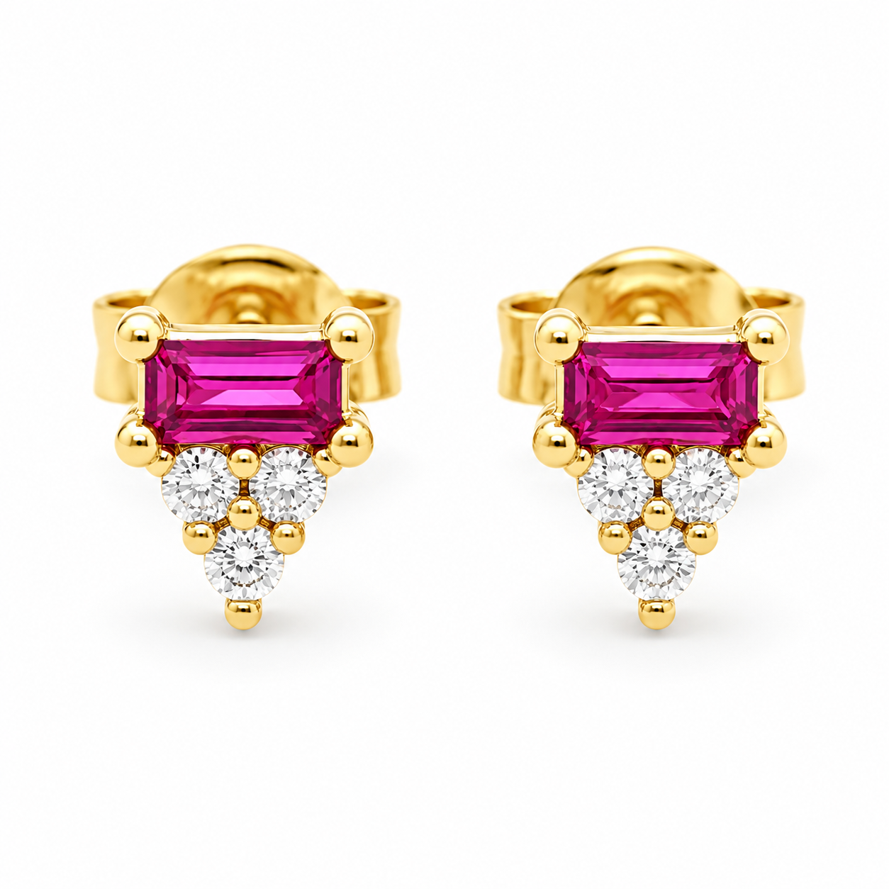A pair of gold stud earrings featuring rectangular pink gemstones and clusters of clear round-cut stones