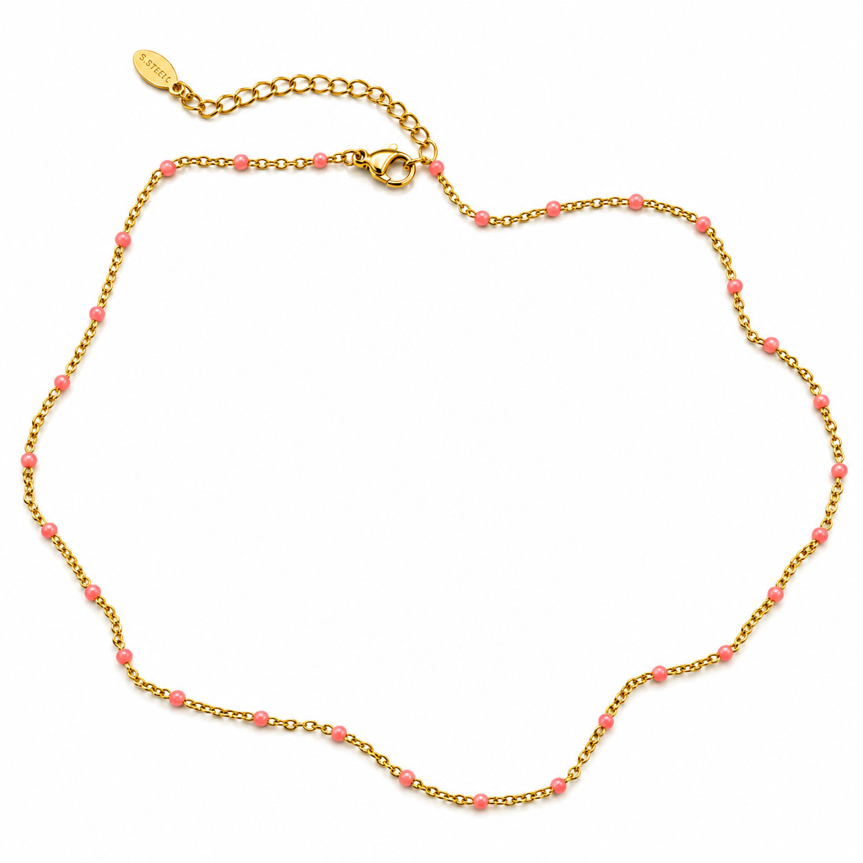 A delicate gold chain necklace with small pink beads spaced along the chain