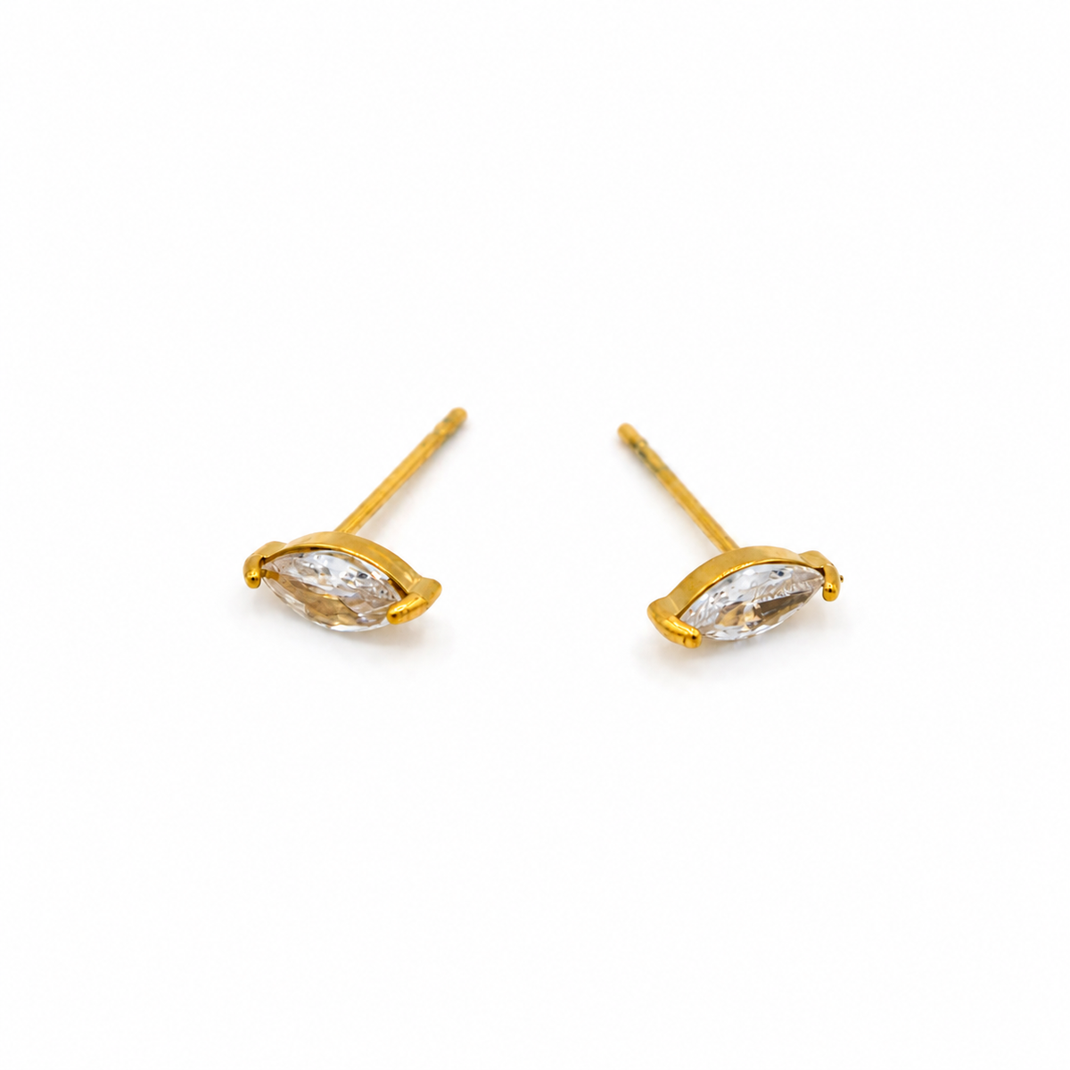 gold stud earrings with marquise-cut clear gemstones