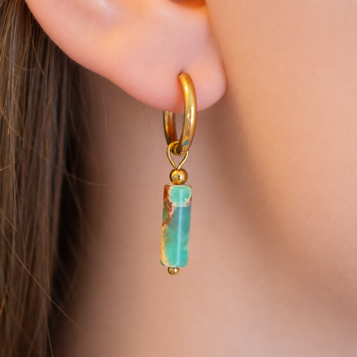 Turquoise and Red Stone Charm Dangle Huggies