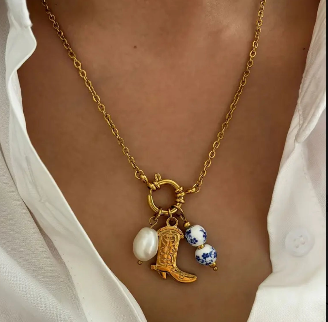 Cowboy boot + charms necklace