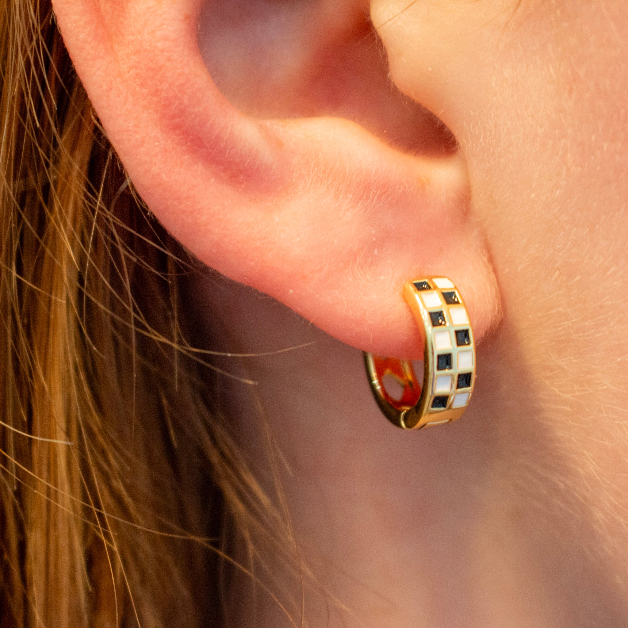 Black and White Checkered Huggie Hoops