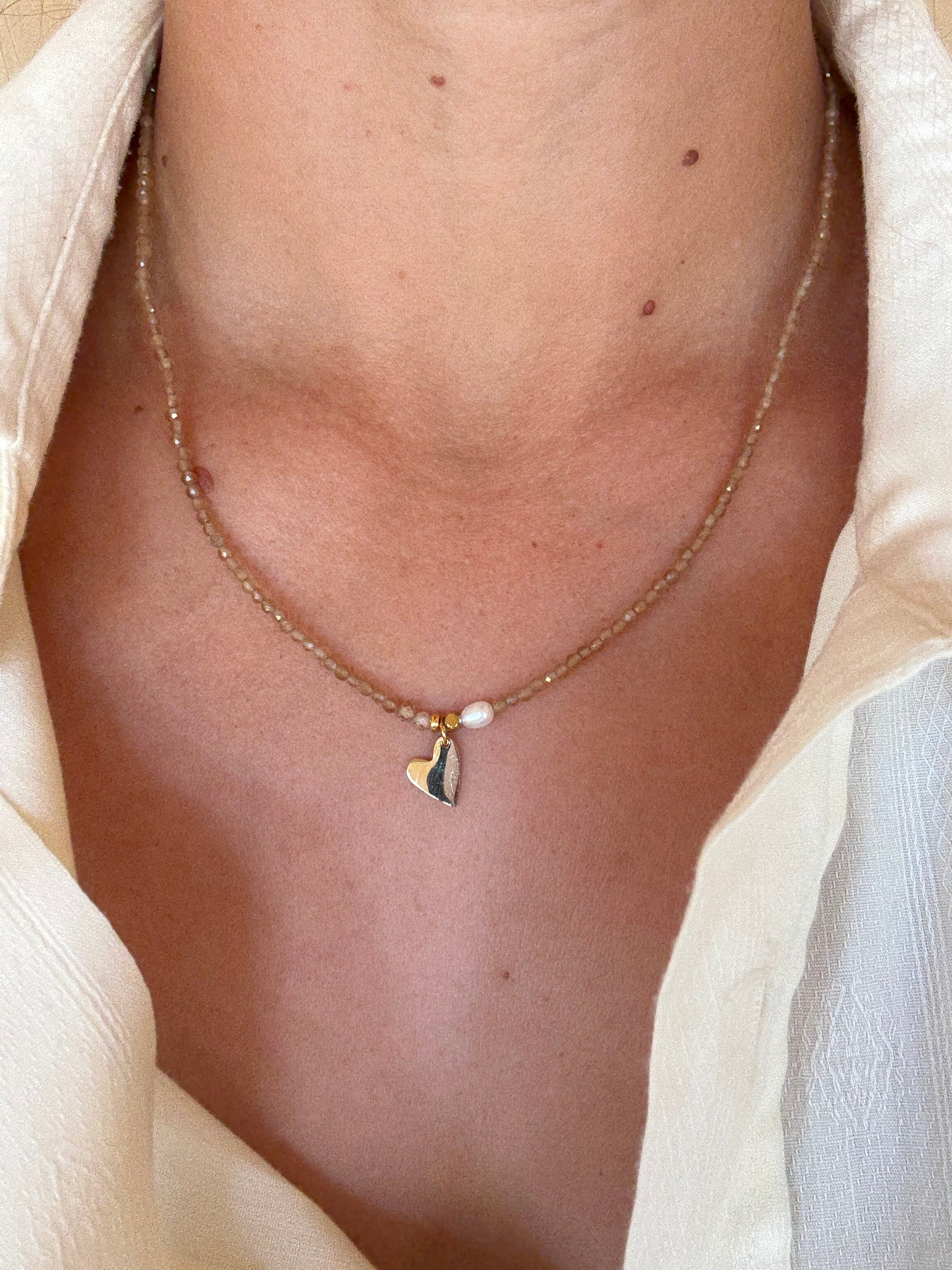Dainty Heart, Pearl, Bead Necklace