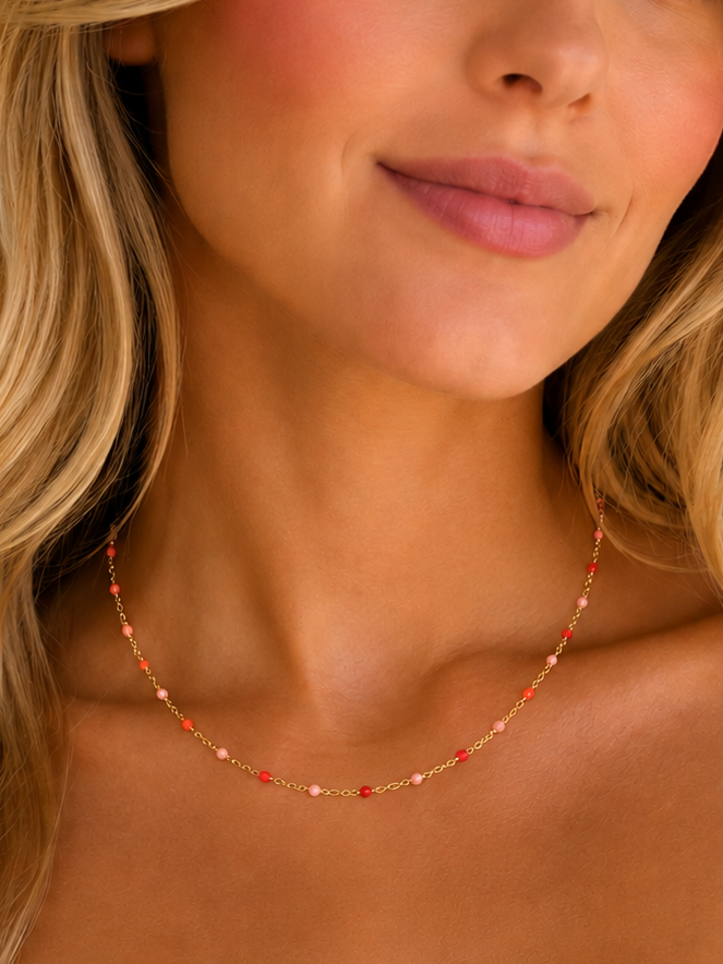 Red, Pink, and Orange Bead Gold Necklace