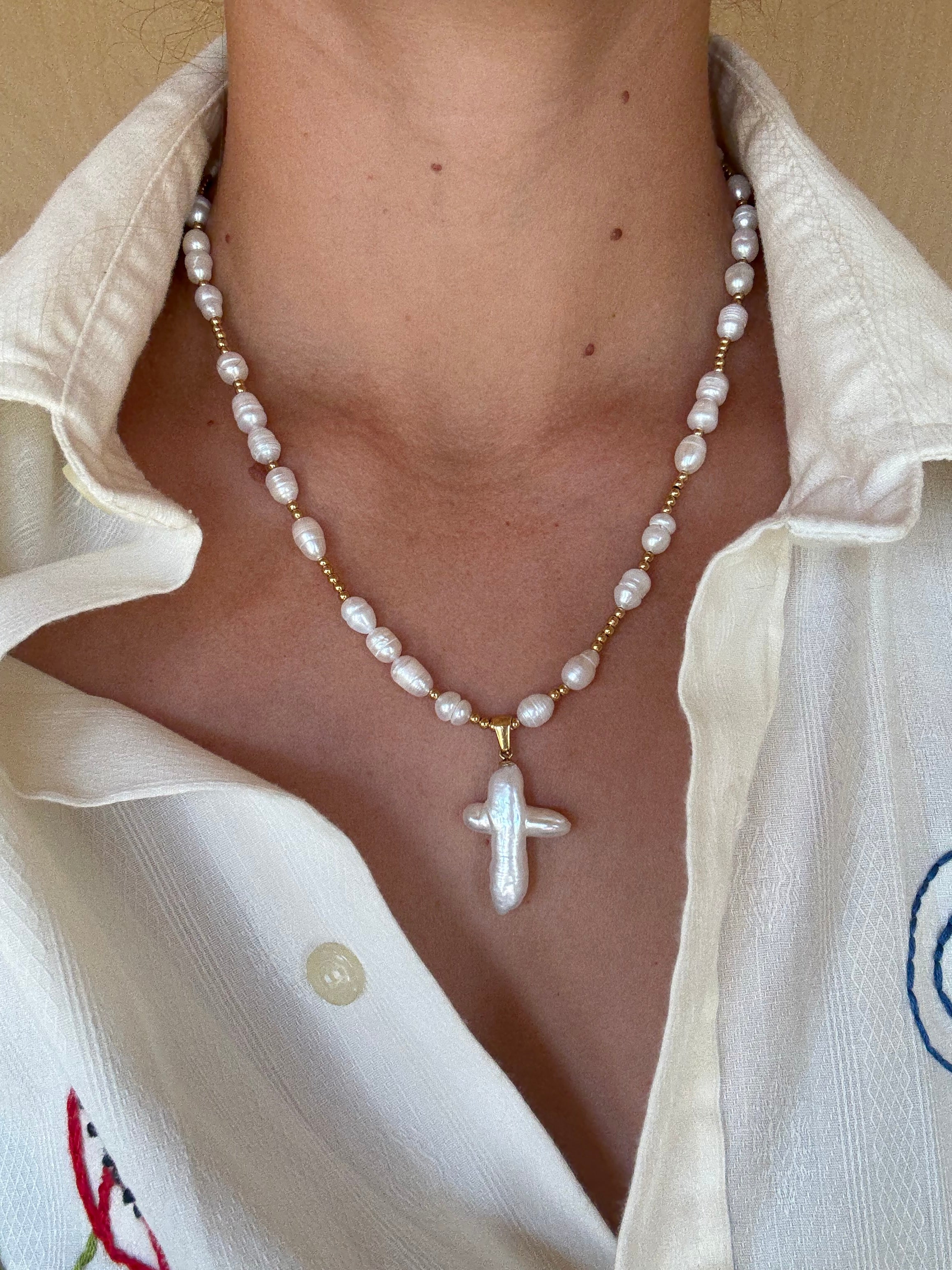 Pearls + Cross Necklace