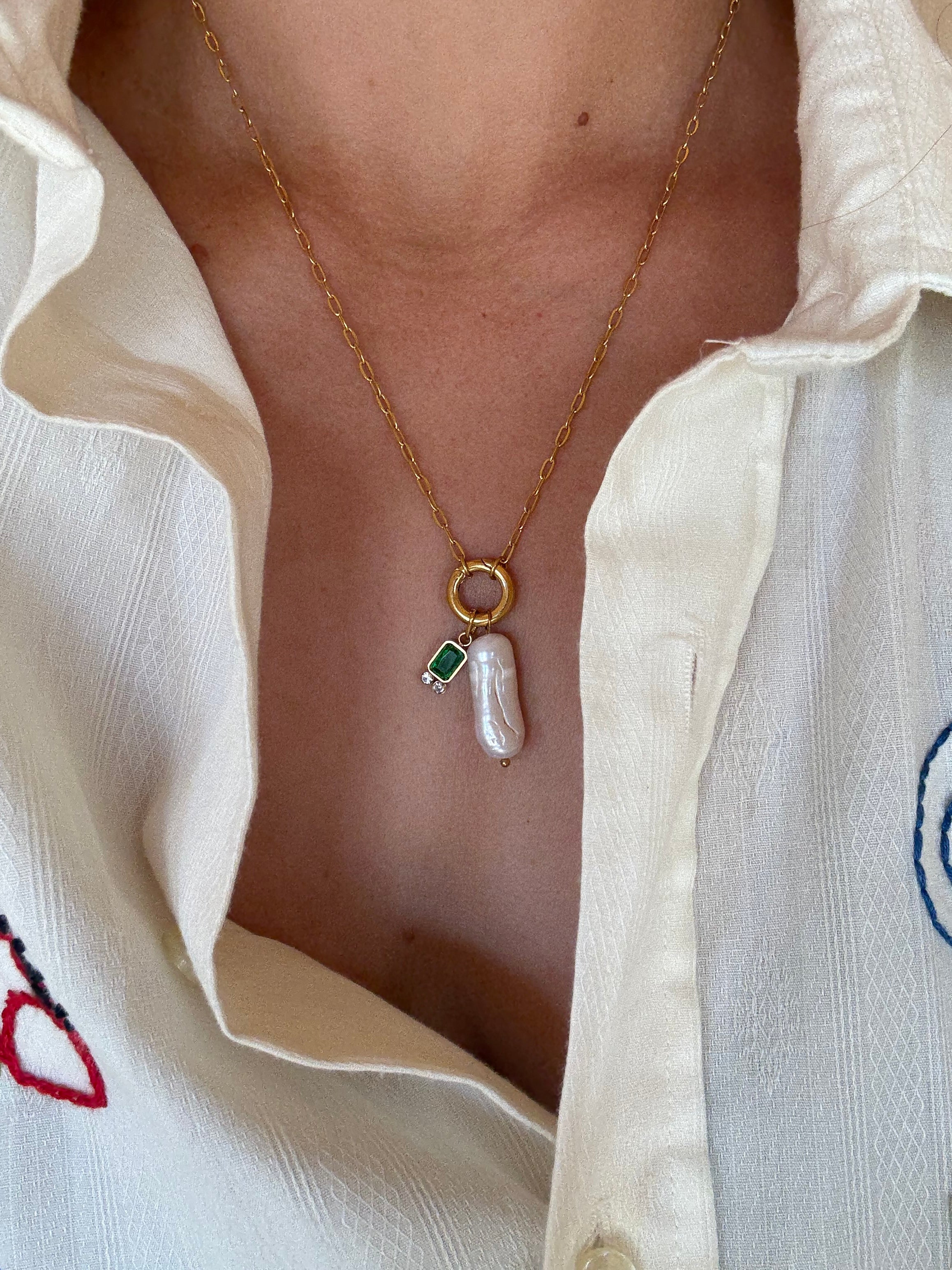 Emerald Cz + Pearl Necklace