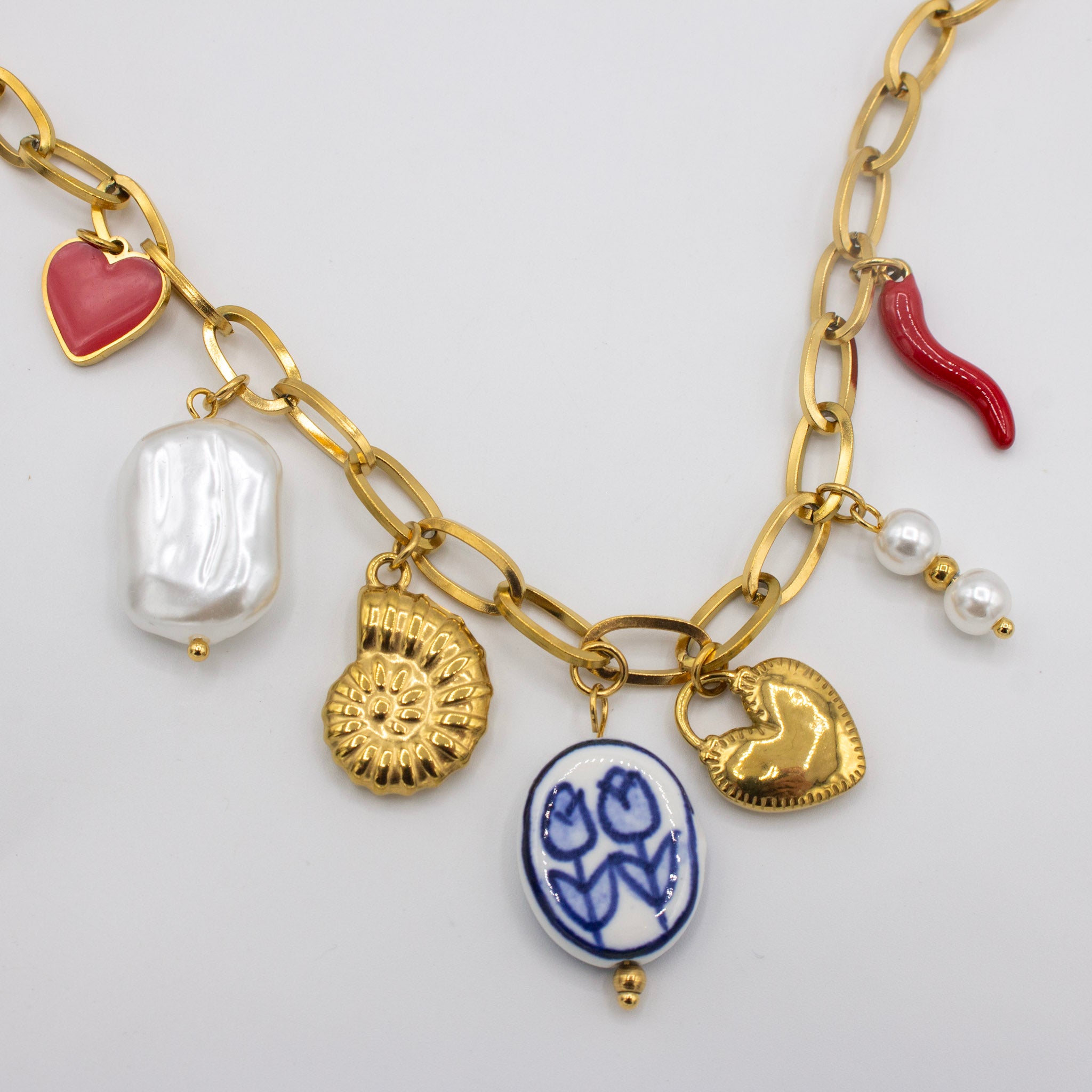 Pearl Gold and Ceramic Charm Necklace