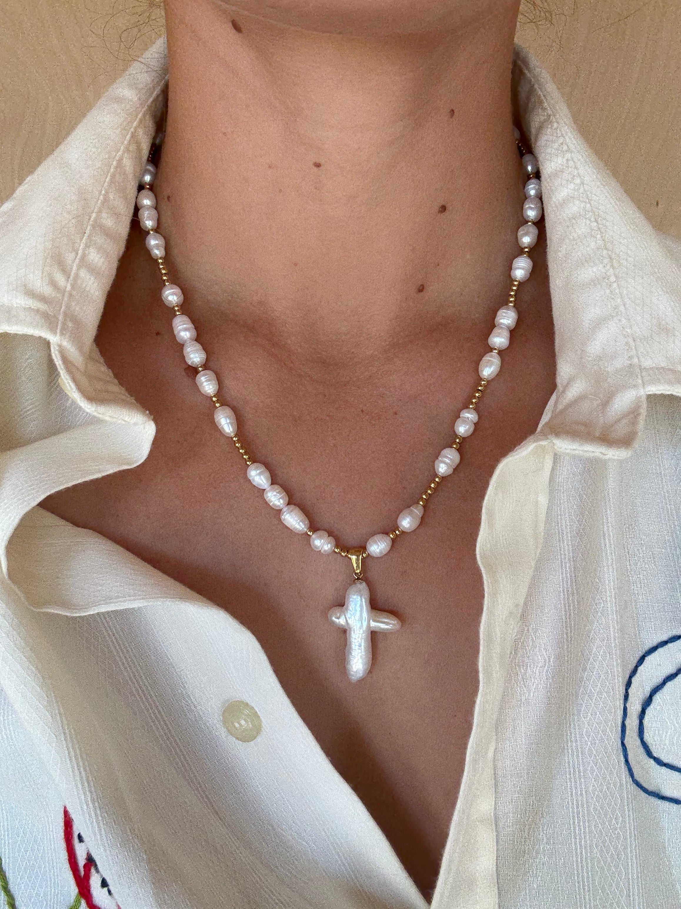 Pearls + Cross Necklace
