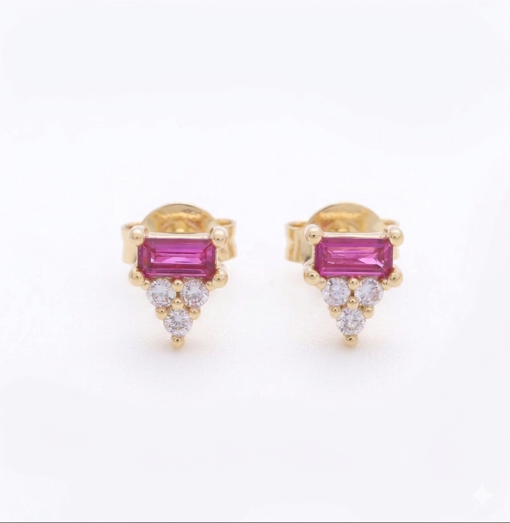 Pink Baguette Cz Studs