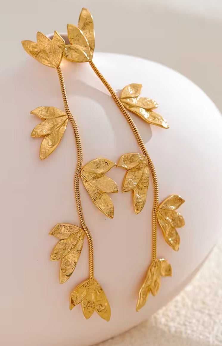 Gold Lg Leaf Dangle Earrings