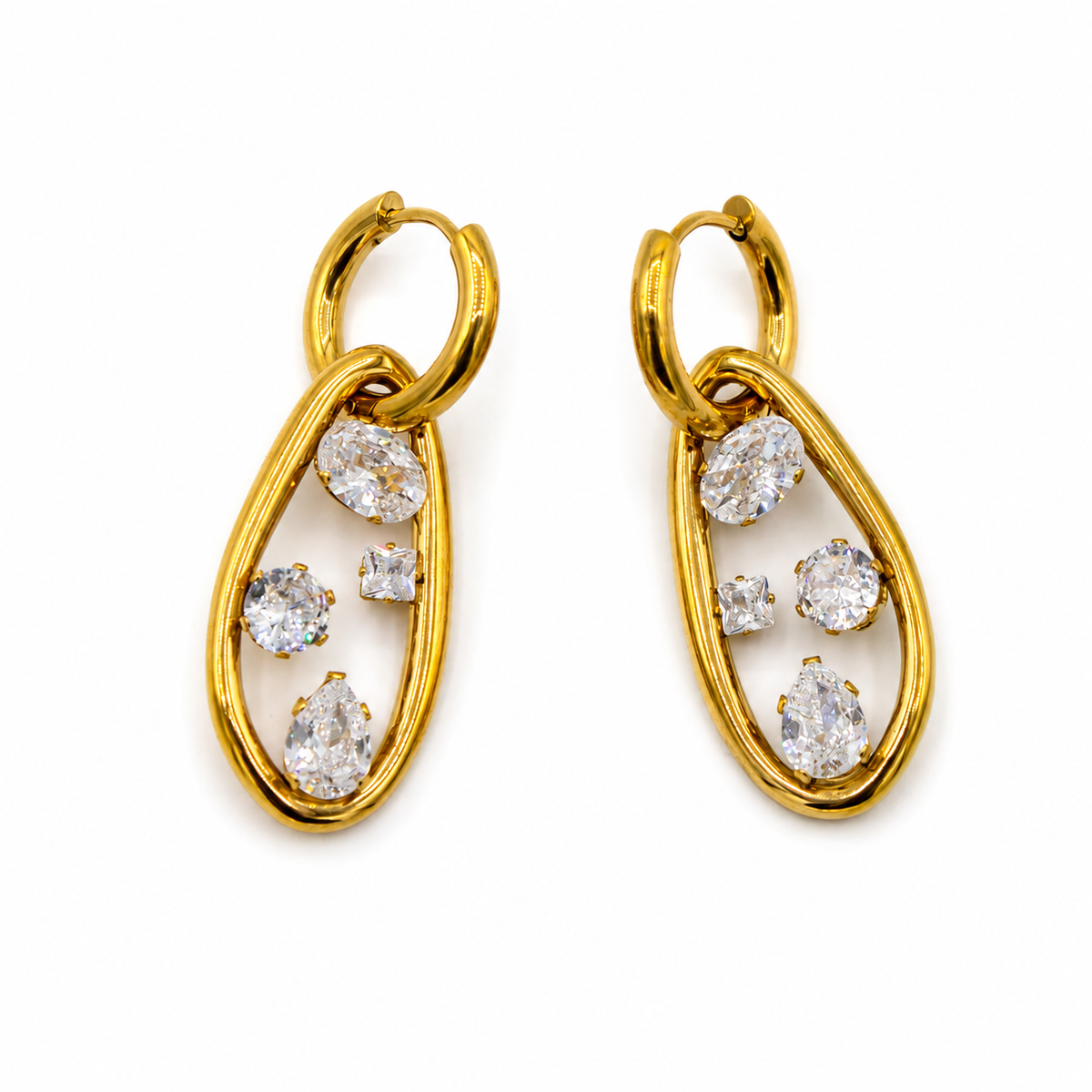 CZ Shapes Charm Gold Dangle Hoops
