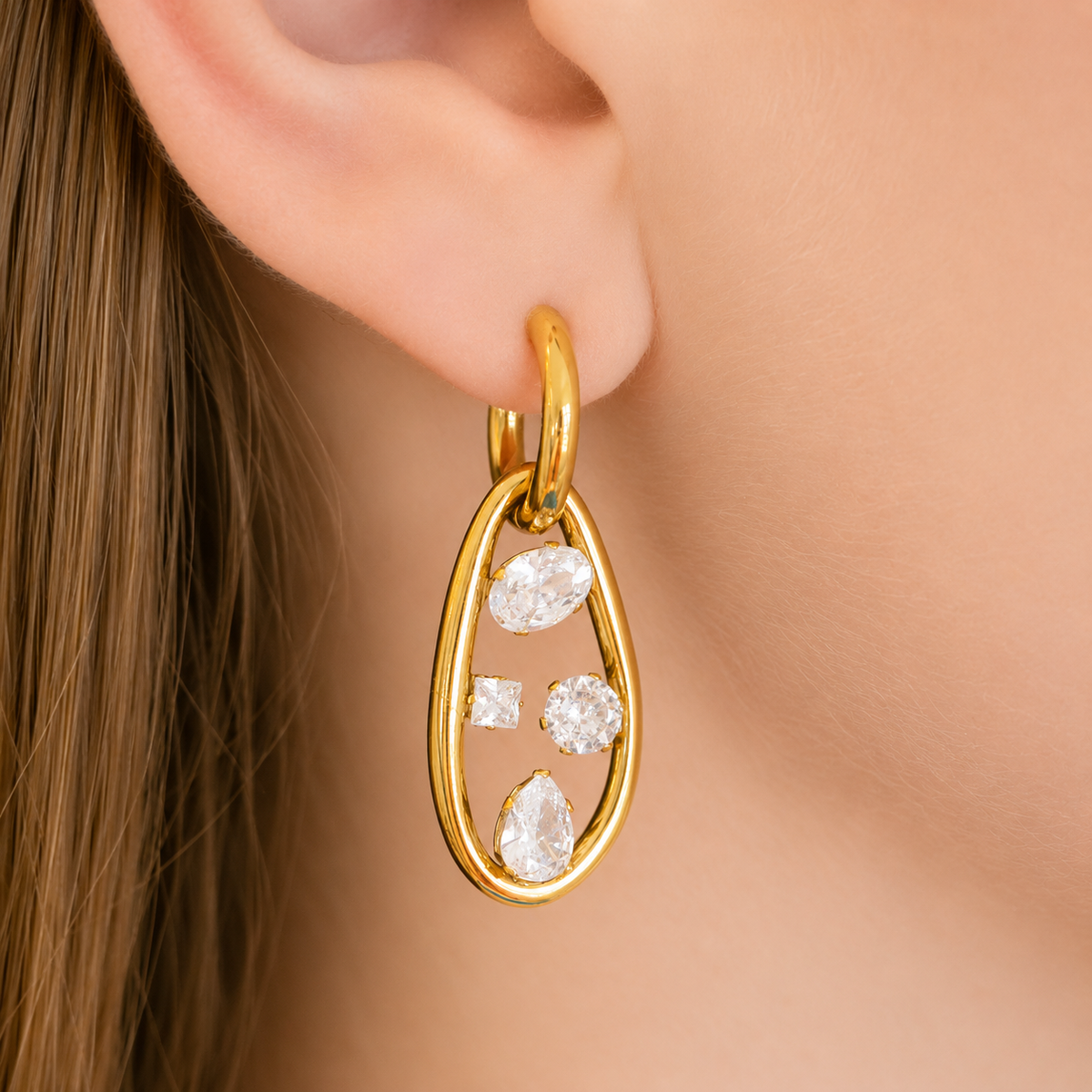 CZ Shapes Charm Gold Dangle Hoops