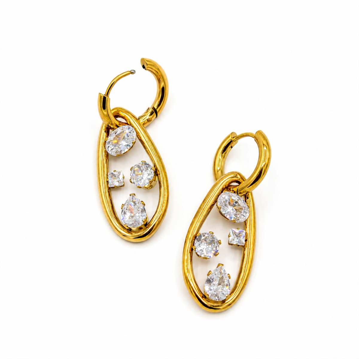 CZ Shapes Charm Gold Dangle Hoops