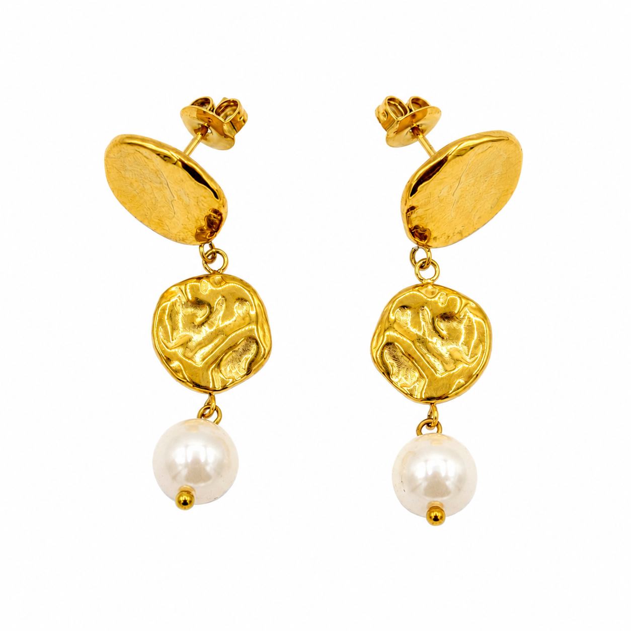 Textured Gold Charm and Pearl Dangle Earrings