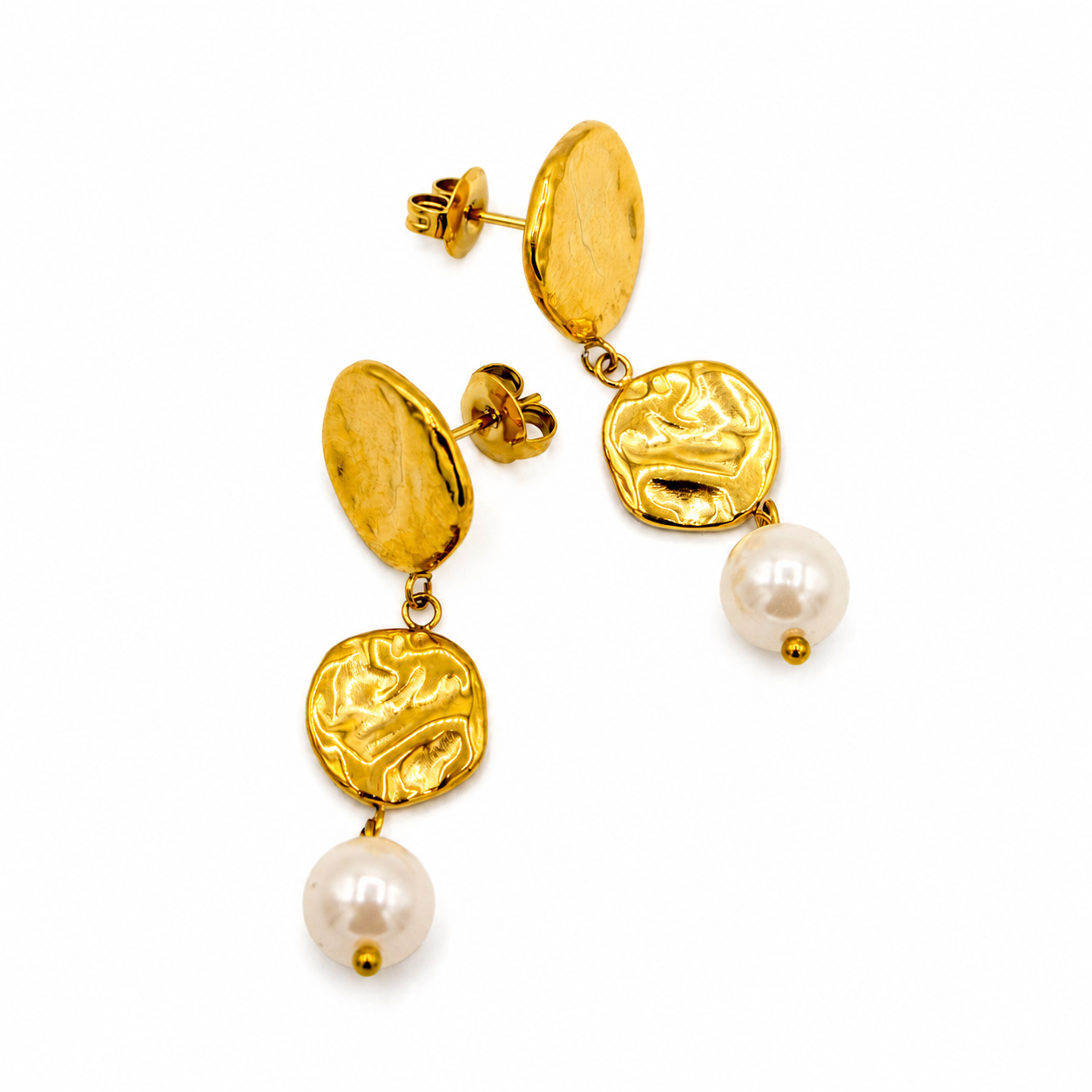 Textured Gold Charm and Pearl Dangle Earrings