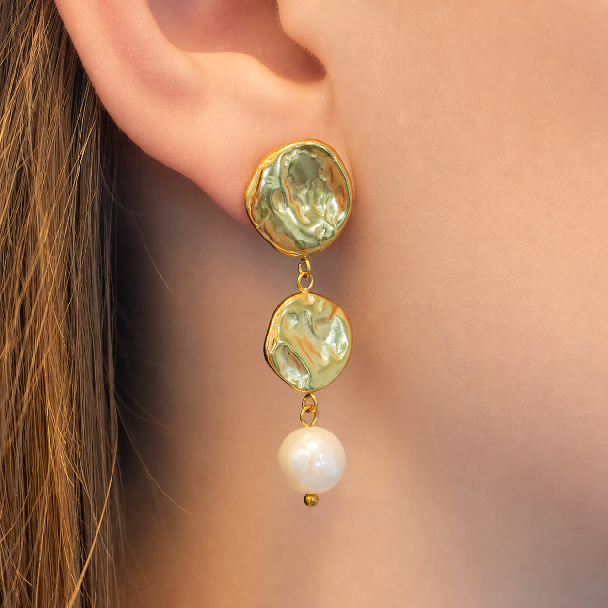 Textured Gold Charm and Pearl Dangle Earrings