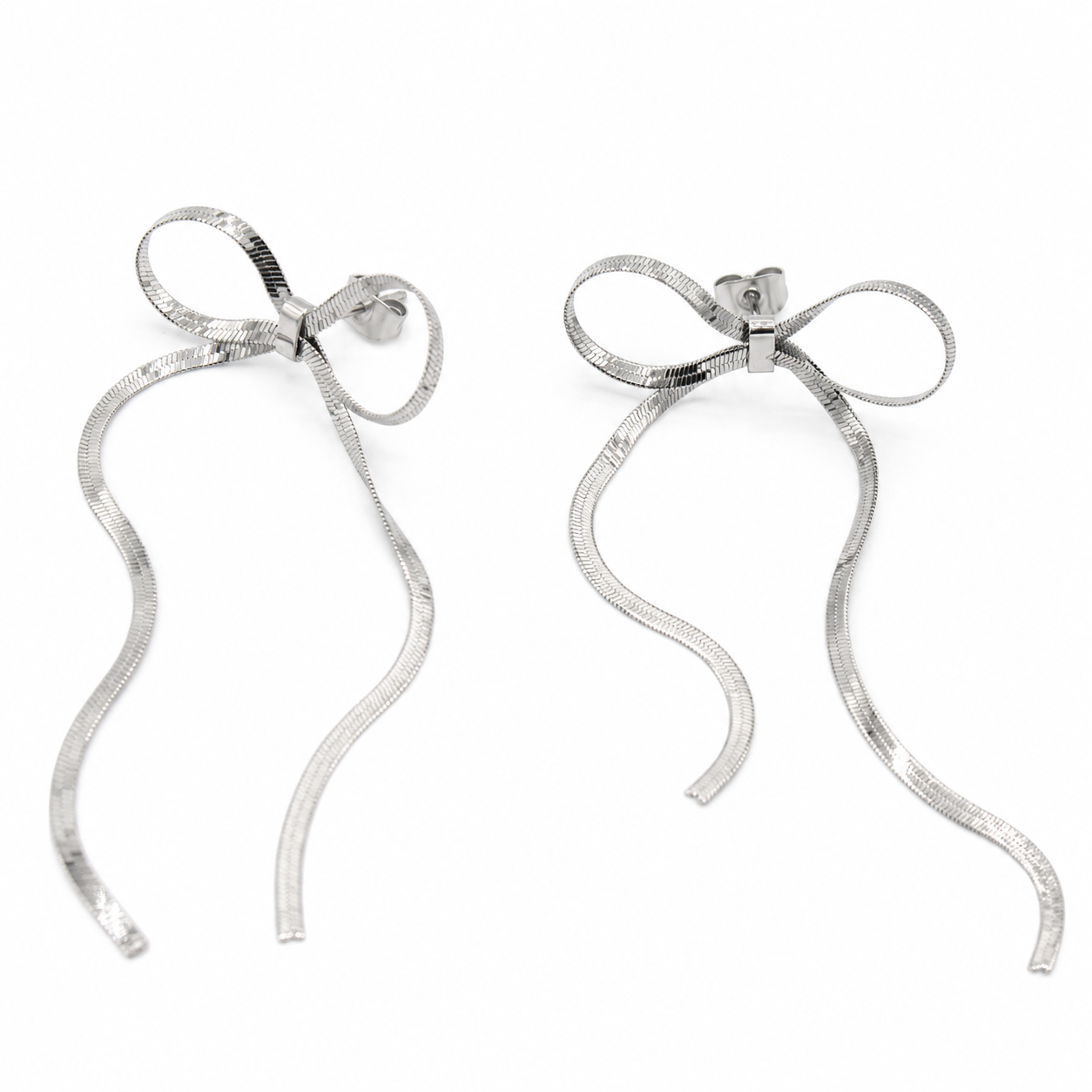 Herringbone Bow Dangle Earrings- silver