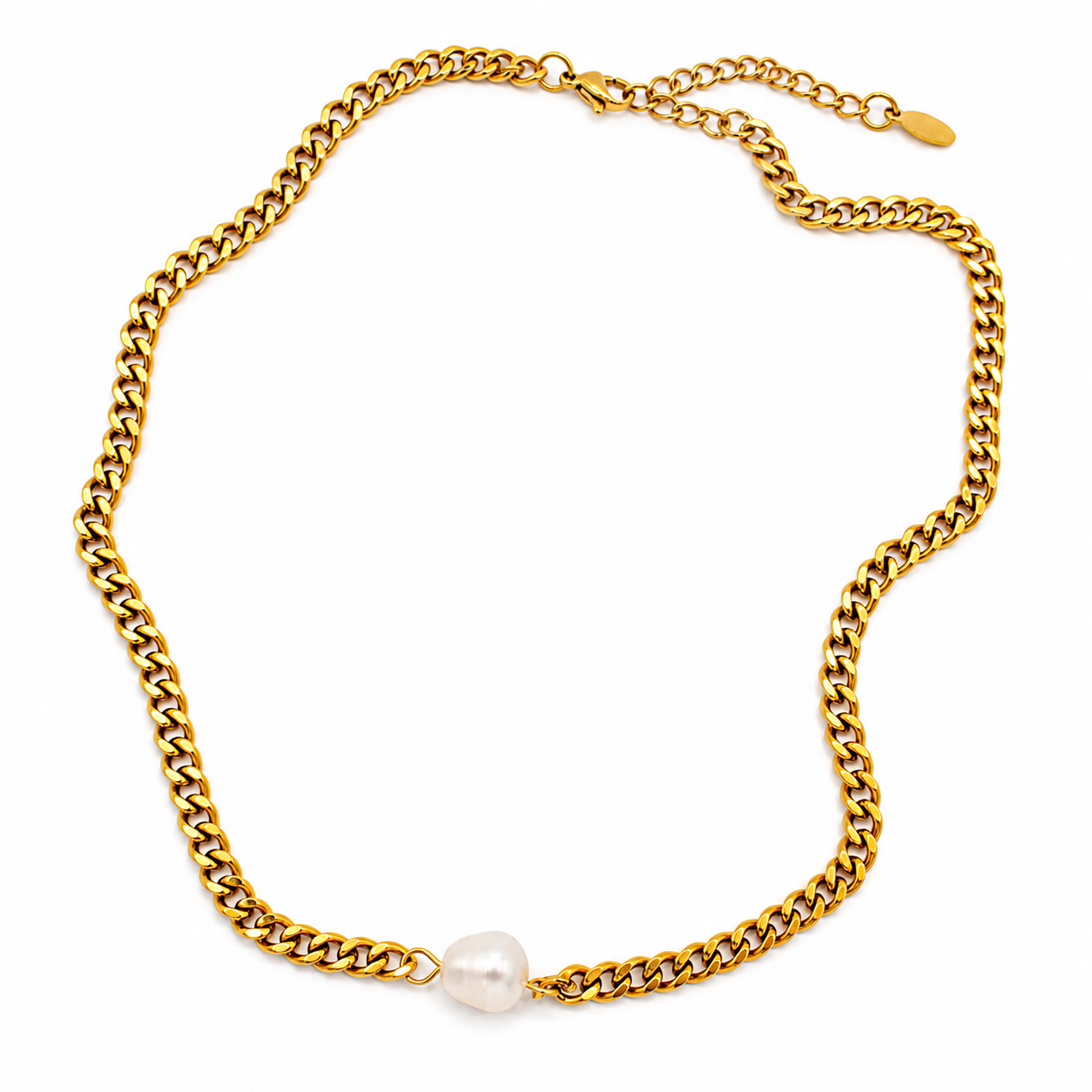 A gold chain necklace featuring a single white baroque pearl pendant