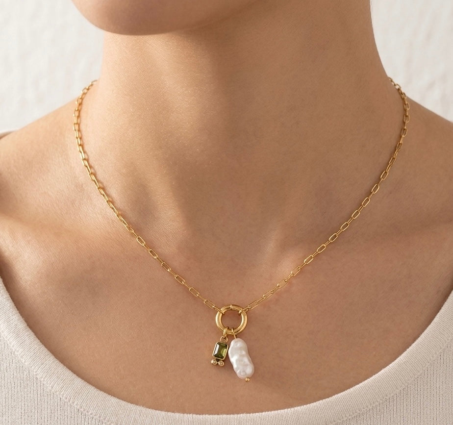 Olive Green Cz & Pearl Necklace