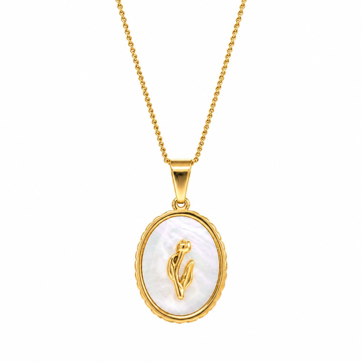 A gold chain necklace with an oval pendant featuring a white mother-of-pearl background and a small gold tulip design in the center