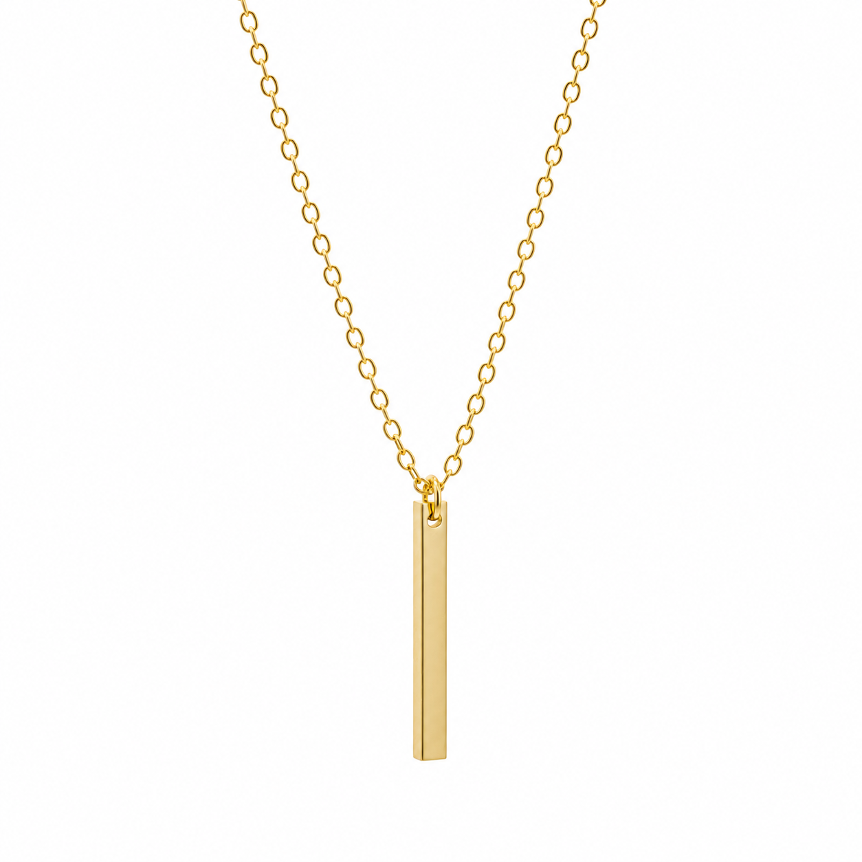 A gold necklace featuring a delicate chain and a minimalist, polished vertical bar pendant