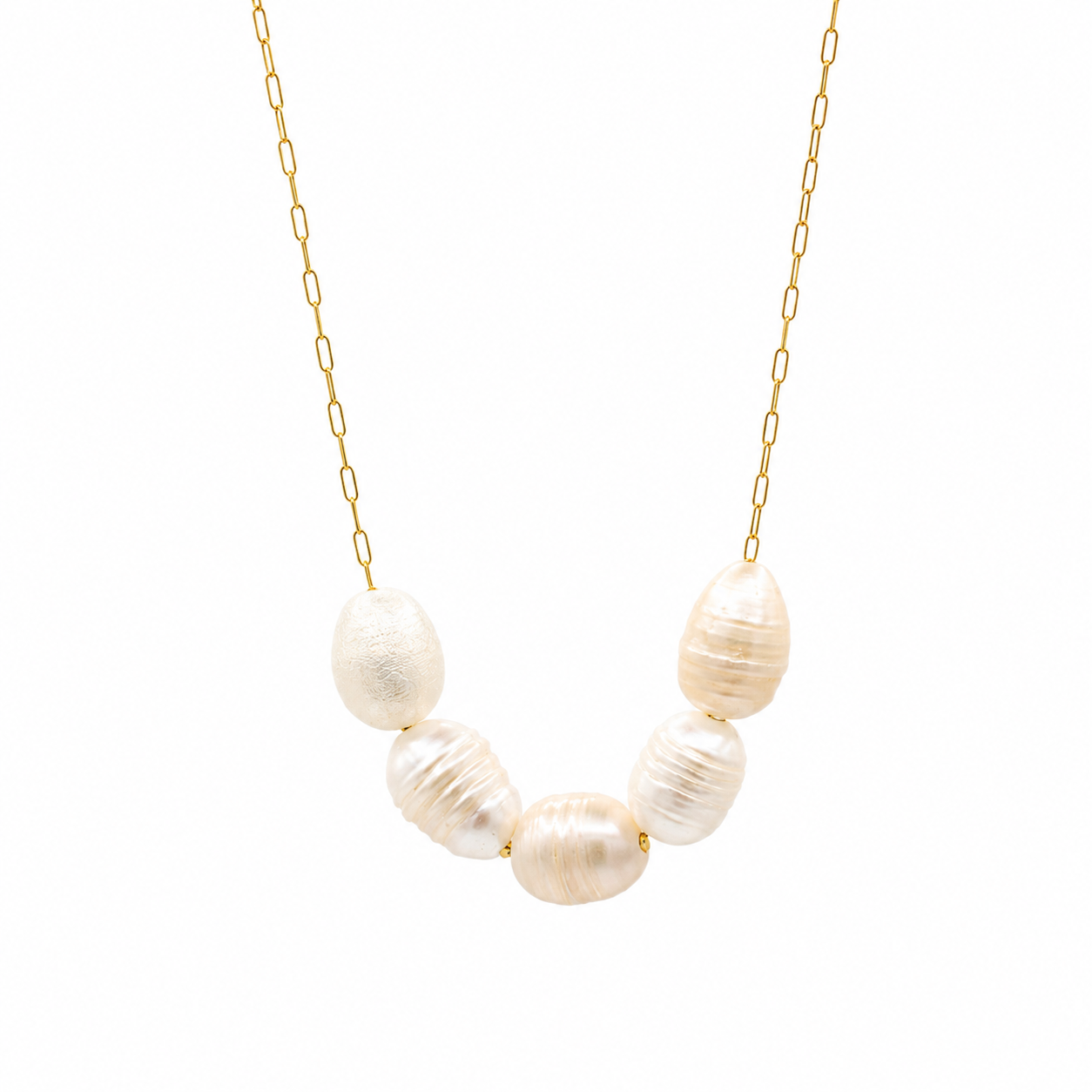 A delicate gold chain necklace featuring five irregular, lustrous cream-colored freshwater pearls arranged in a curved row