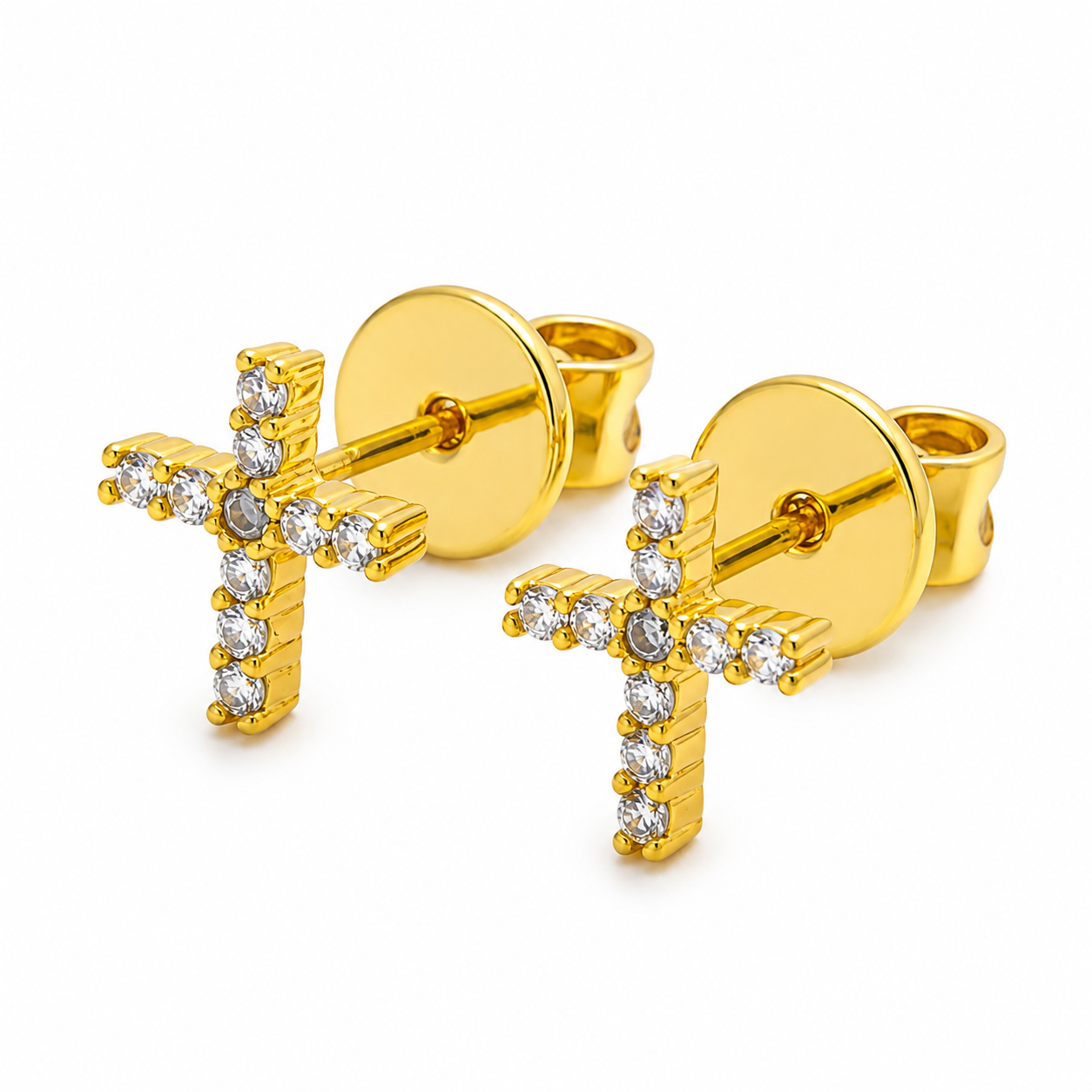 A pair of gold cross stud earrings embellished with small clear crystals