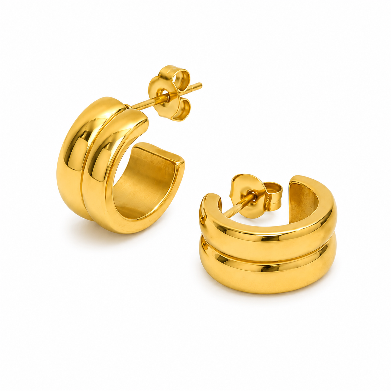 A pair of polished gold huggie hoop earrings with a double-band design