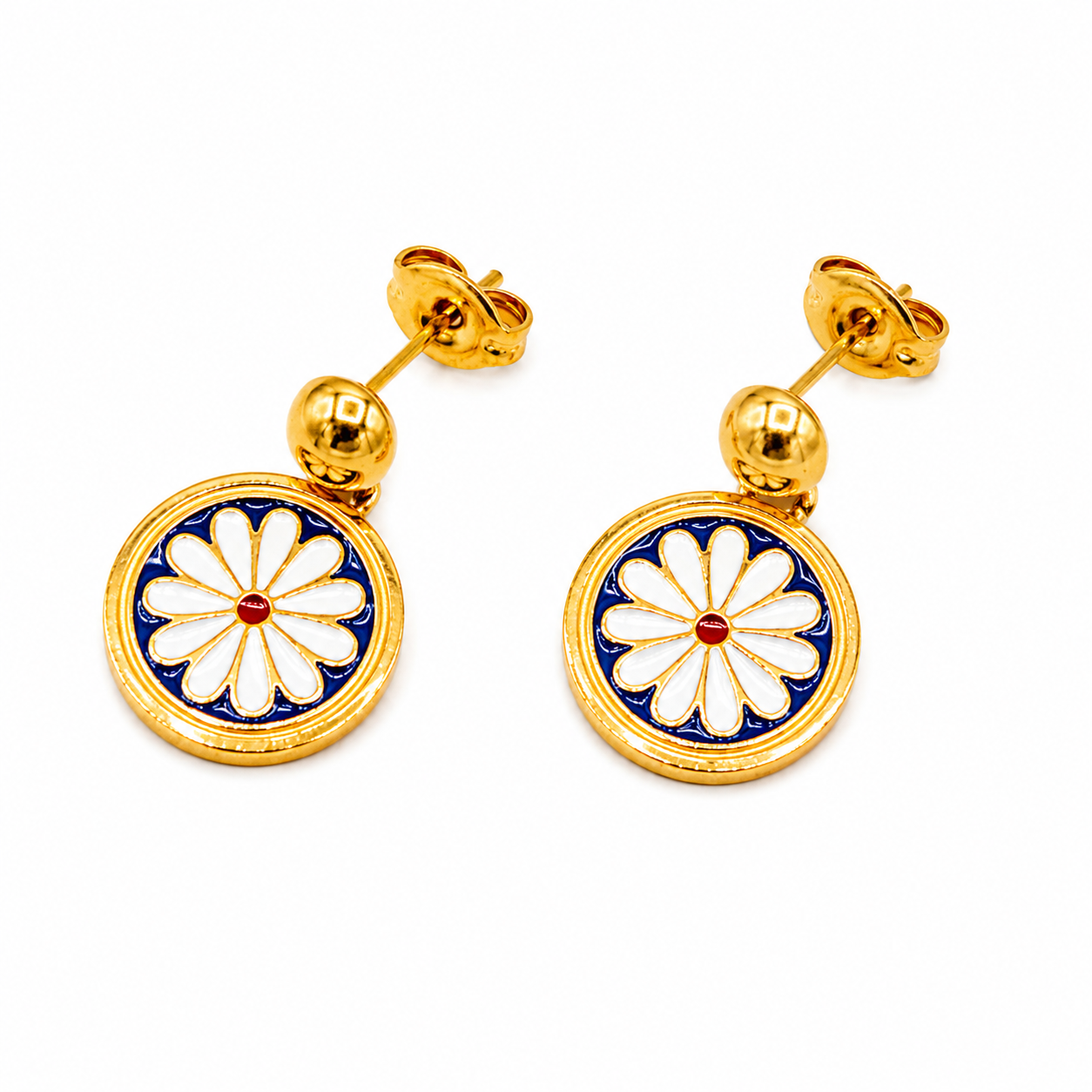 A pair of gold-plated dangle earrings featuring a circular Japanese chrysanthemum design with white petals, a dark blue background, and a small red center