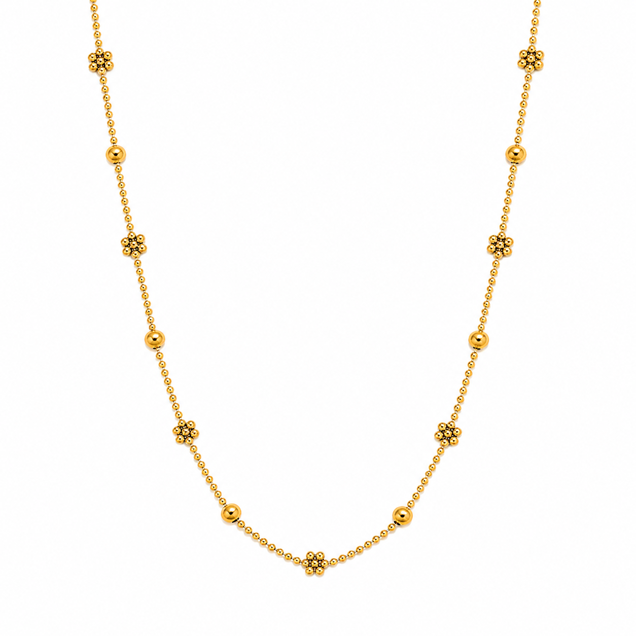 A gold chain necklace featuring alternating small metallic beads and textured flower-shaped charms
