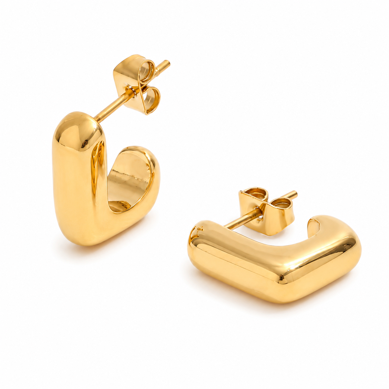 A pair of gold-toned geometric stud earrings with a rounded, open C-shape design, shown from two angles