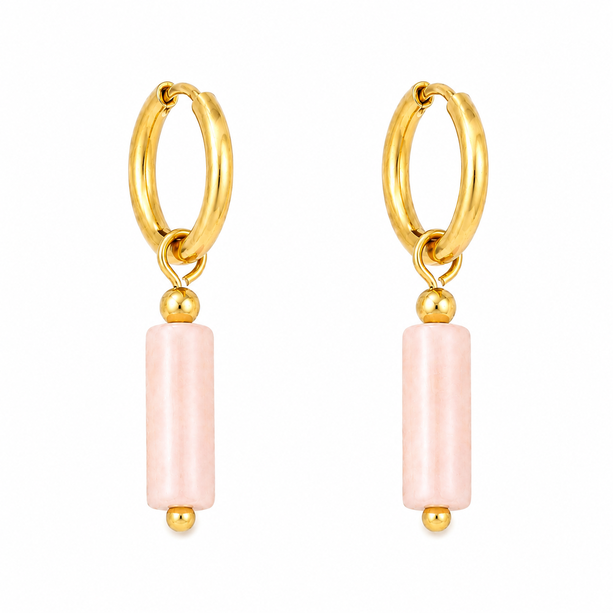 A pair of gold hoop earrings with a dangling light pink cylindrical bead and small gold spacer beads