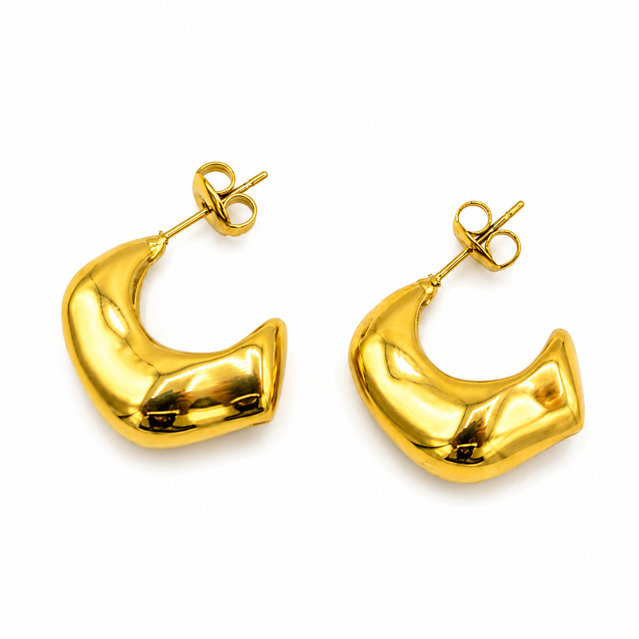 A pair of polished gold crescent-shaped hoop earrings with butterfly backings