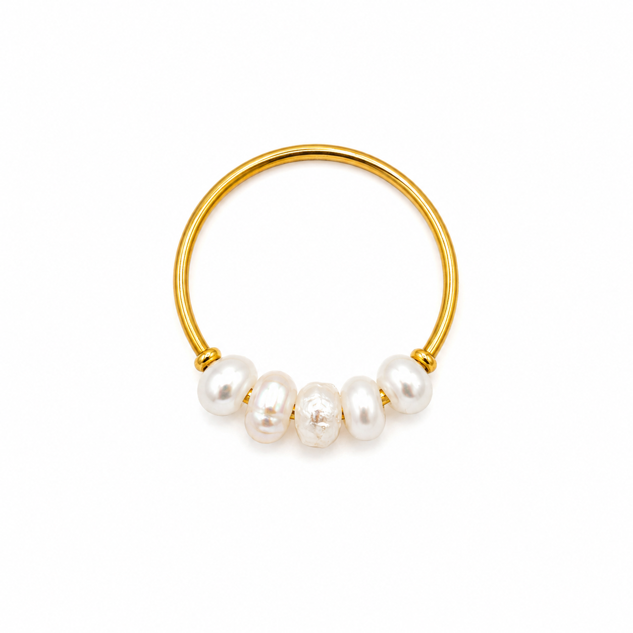 A gold-plated circular ring featuring four small, irregular white baroque pearls strung along the lower curve