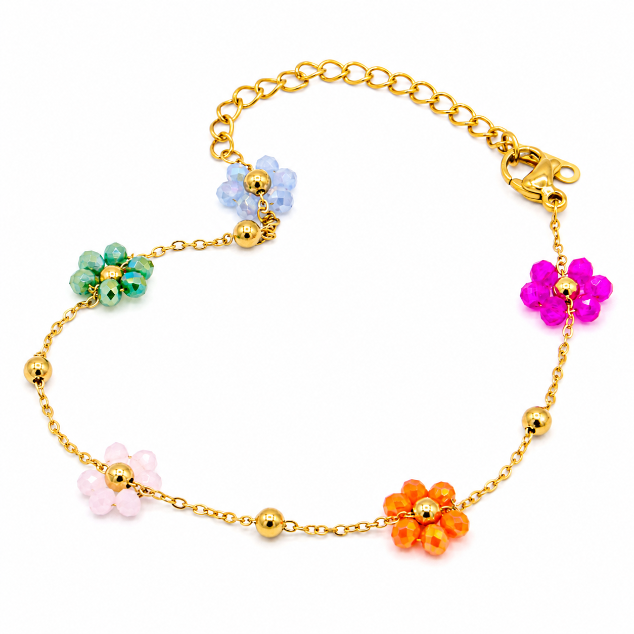 A gold chain bracelet decorated with five colorful flower charms in pink, light blue, green, orange, and light pink