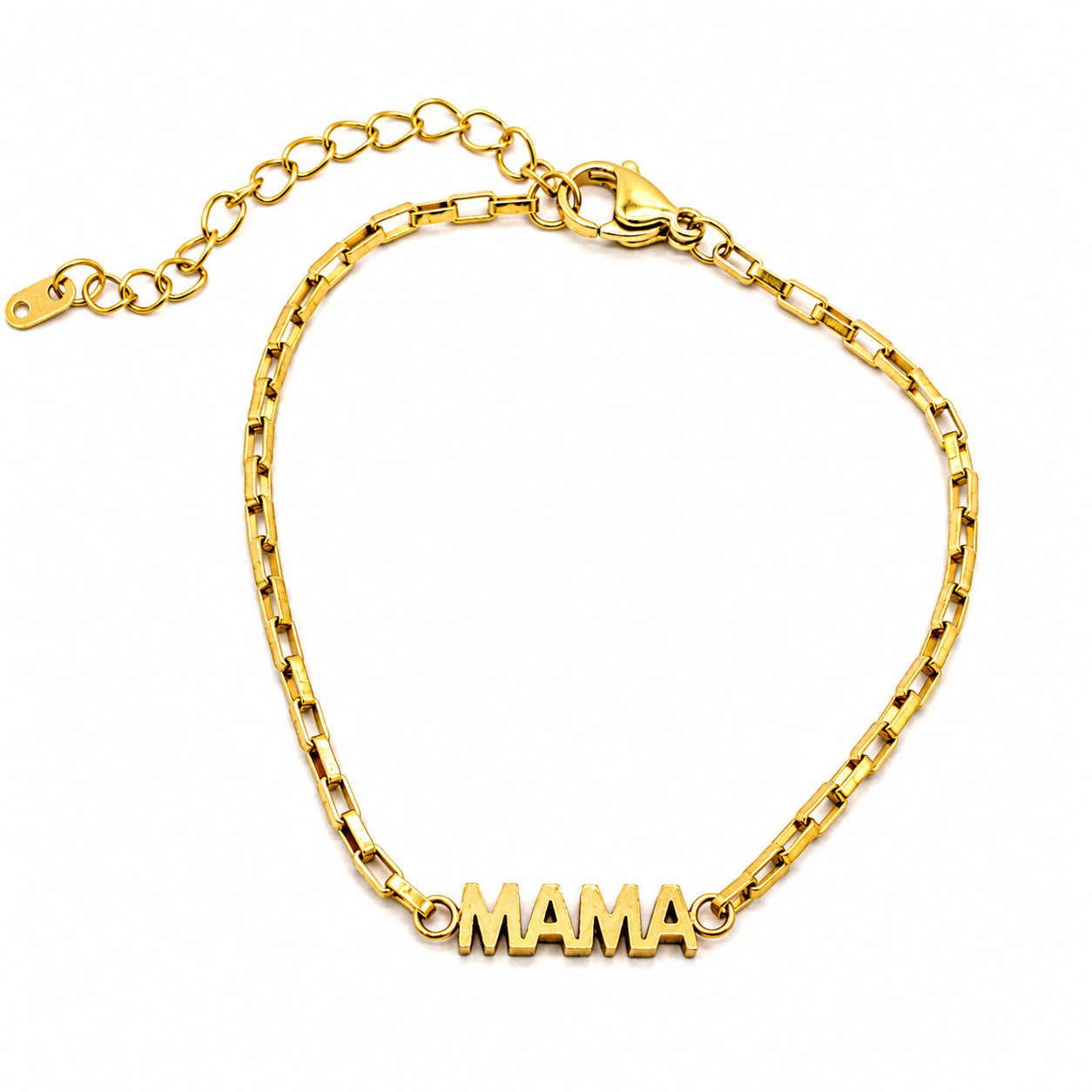 A gold chain bracelet with a lobster clasp and extension chain, featuring a central nameplate spelling 'MAMA' in raised gold letters