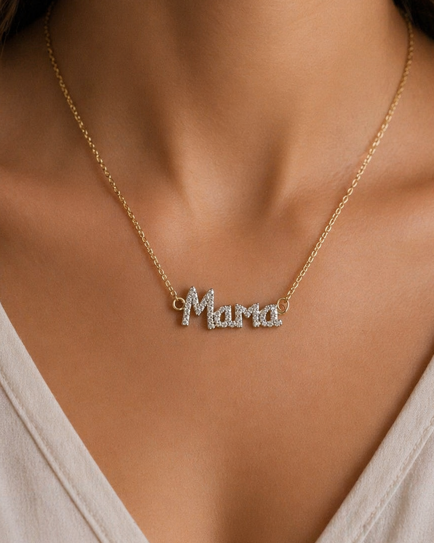 Gold necklace with 'Mama' pendant CZ