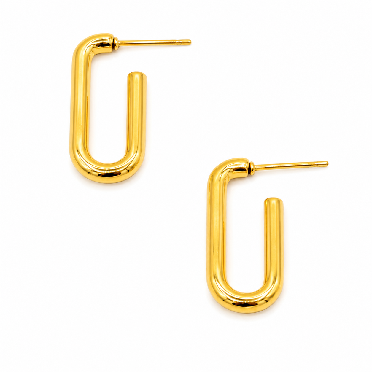 A pair of gold-toned geometric hoop earrings with a thick rounded rectangular bar and a straight post