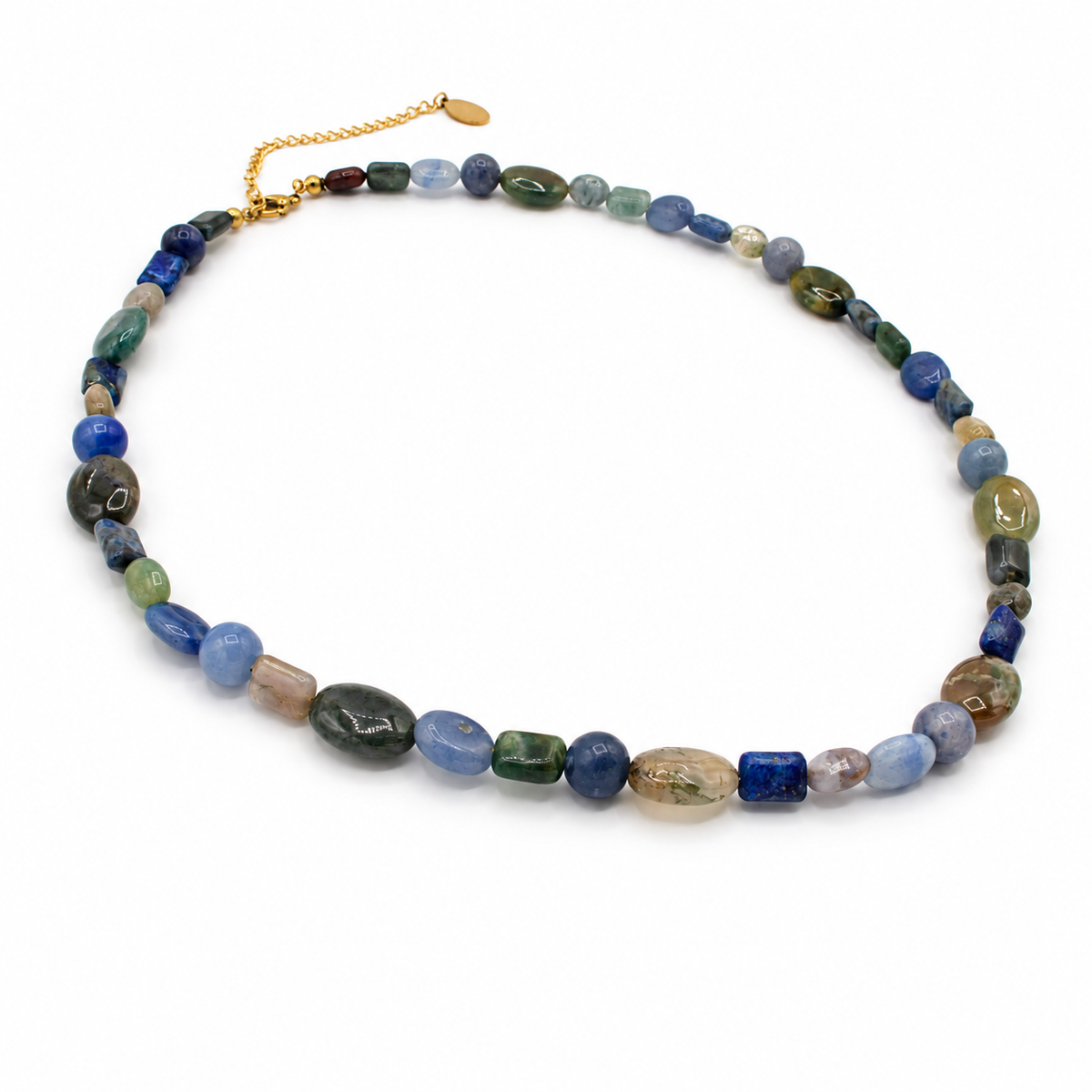 A beaded necklace made of polished natural stones in various shades of blue, green, gray, and brown.