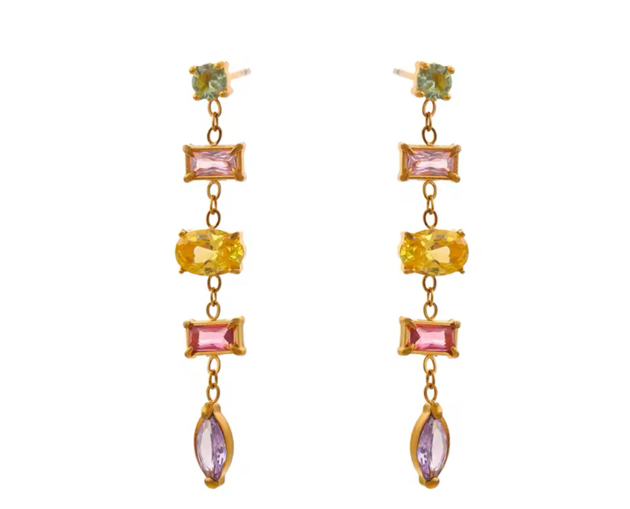 A pair of gold stainless steel earrings with cubic zirconia stones in various colors, designed as drop earrings.